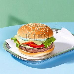 海鲜烧烤菜单背景图片_一个汉堡包放在蓝色托盘上