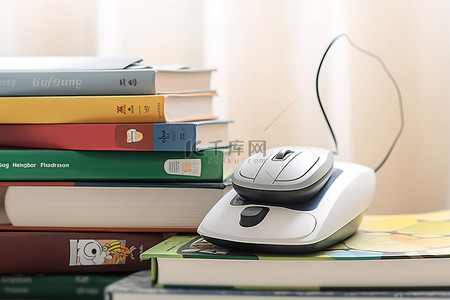 电脑鼠标位于一堆书的顶部