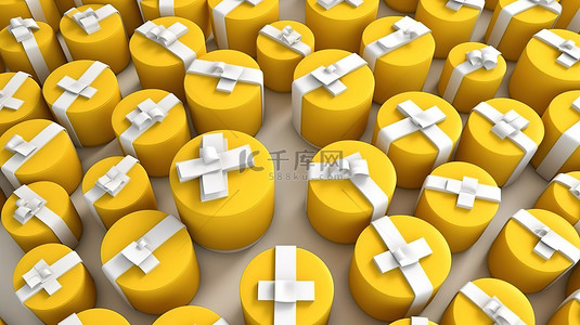 一圈黄色礼品盒的 3D 渲染，带有白色丝带和从鸟瞰图捕获的背景