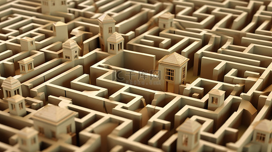 房地产横幅 3D 插图迷宫，中心有一所房子