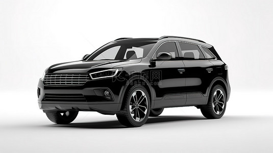 渲染的时尚黑色中型 SUV 的 3D 图像非常适合白色背景下的家庭