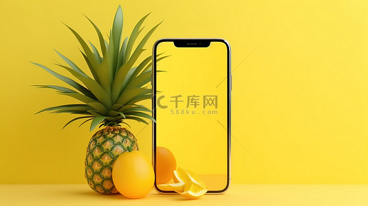 手机黄色背景背景图片_夏季黄色背景下的 3D 渲染手机模型