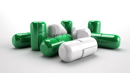 白色背景下的 9 个绿色和白色药房图标的 3D 插图