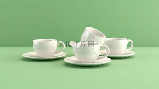 空包纸杯背景图片_在 3d 中创建的充满活力的绿色背景下排列白咖啡杯