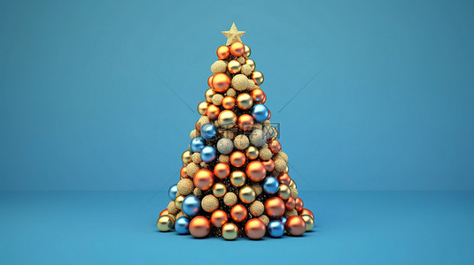 蓝色工作室背景与 3D 渲染圣诞球树