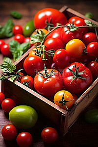 成熟的西红柿放在木托盘里