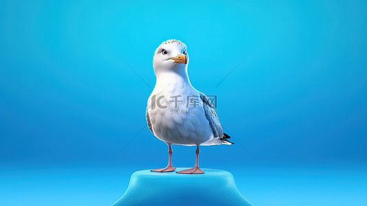海上的鸟背景图片_站在蓝色背景下的卡通海鸥的 3D 插图