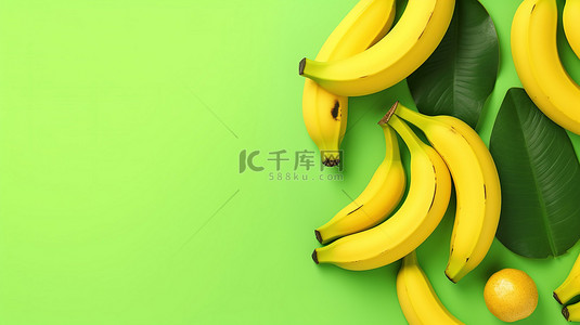 顶部查看的香蕉，带有黄色和绿色背景的 3D 插图