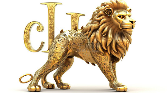 3d 渲染的狮子座星座在白色背景上隔离的黄金