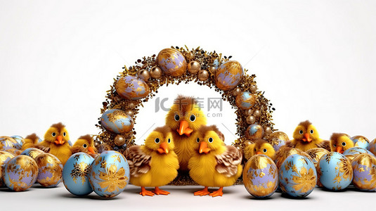 节日复活节贺卡装饰鸡蛋和鸡的 3D 渲染