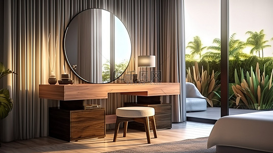 现代酒店客房配有梳妆台椅子和镜子 3D 渲染