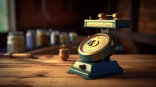 商业活动照片背景图片_以 3D 渲染的木桌上电子食品秤的老式照片