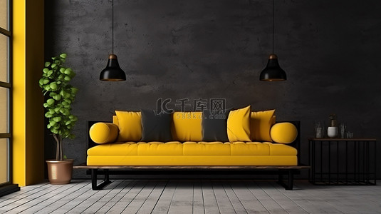 简约工业风格的客厅，带有流行的黄色黑色室内 3D 渲染
