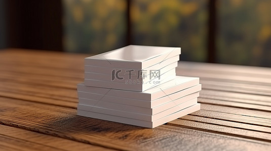 白色名片样机在 3D 渲染的木桌背景上模拟四叠
