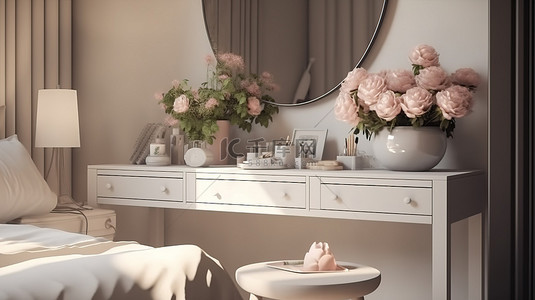 卧室天堂舒适角落的 3D 渲染图，配有梳妆台和玫瑰花瓶