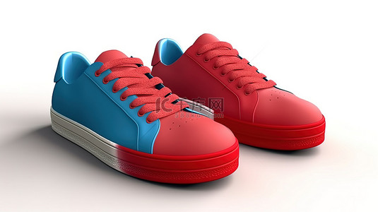白色背景上带有泡沫鞋底和闭合 3D 插图的红色和蓝色运动鞋