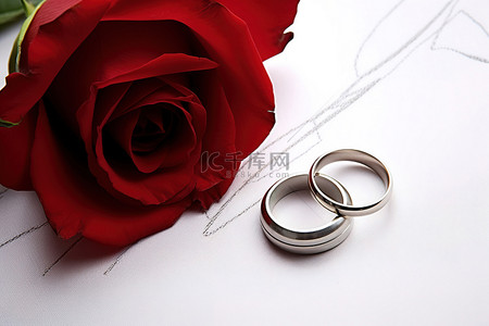 玫瑰纸背景图片_白色婚礼纸，上面写着“戒指”和“玫瑰”