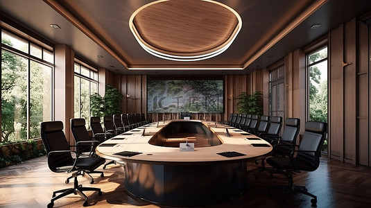 办工背景图片_现代办公空间，配有设计精美的董事会会议室和会议桌，令人惊叹的 3D 渲染