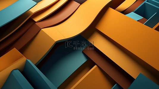 商业 3D 渲染背景中的抽象几何，具有平坦的分层形状和棕色黄色橙色奶油色和蓝色的各种调色板