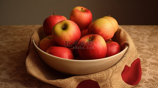 水果半个背景图片_一堆苹果放在一个漂亮的织物覆盖的碗上，在 3D 渲染图像中包含整个和半个苹果