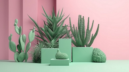 春季主题 3D 渲染产品演示，带有立方体讲台棕榈叶和仙人掌