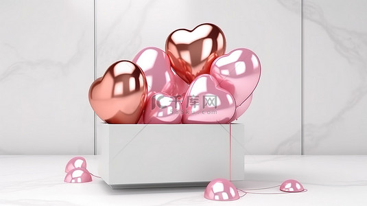 悬浮心形金属气球，粉红金和白色，光泽 3D 渲染中的抽象情人节概念