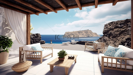圣岛背景图片_圣托里尼岛风格豪华海滩户外生活的 3D 渲染