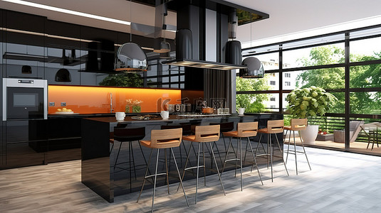 岛台背景图片_时尚的现代厨房拥有闪亮的黑色外观，配有岛台和别致的吧凳