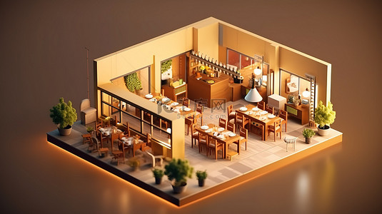 具有现代室内建筑的开放式餐厅内等距视图的 3D 渲染