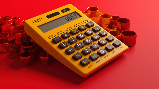 黄色背景的 3D 插图，二进制代码围绕红色计算器