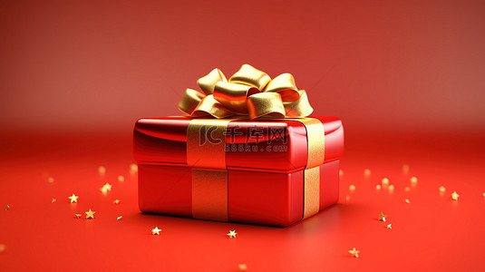 红金色丝带背景图片_红色背景与金色丝带礼品盒的 3D 插图