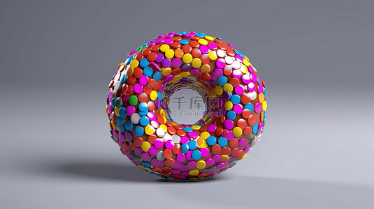 3D 渲染的灰色背景下充满活力的像素化甜甜圈艺术