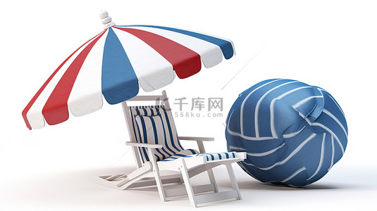 空白画布上配有海滩配件的白色和蓝色躺椅