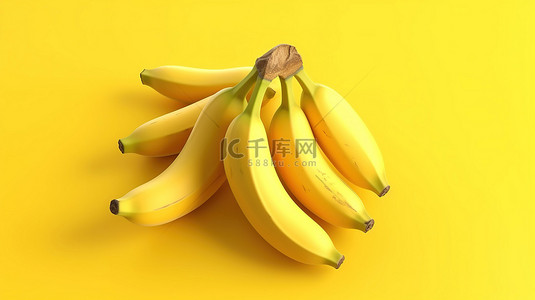 3D 渲染中多个香蕉搁在充满活力的黄色表面上