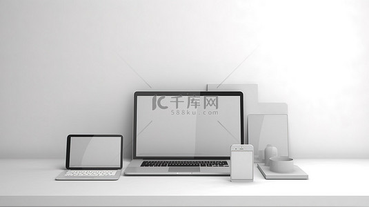 笔记本电脑手机和空白白屏的 3D 渲染