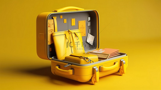3D 渲染一个拉开拉链的黄色手提箱，里面装满了旅行必需品钱包机票日历护照相机等