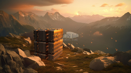 光之城背景背景图片_山上的日落与 3D 渲染的电池套件