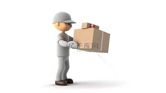快递礼物盒背景图片_白色背景的 3D 插图，快递员拿着礼品盒