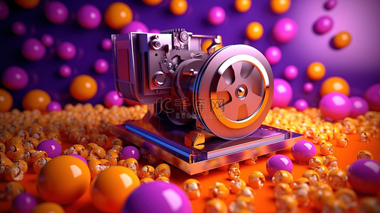 电影电影院背景图片_带有橙色电影放映机和彩色球的充满活力的紫色背景的 3D 渲染