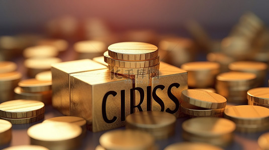 危机危机背景图片_金币堆描绘的危机和明亮抽象背景 3D 渲染图像中标记的木立方体的危机
