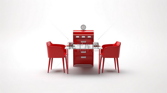 白色背景的 3D 渲染，椅子环绕着桌子，中间有一个红色邮箱