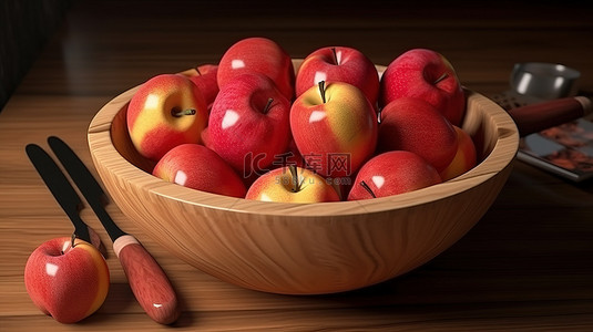 刀切水果背景图片_碗中的红苹果是用刀放在木织物上的整个和半切水果的 3d 渲染图像