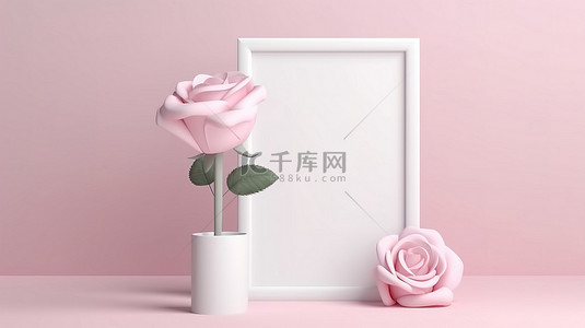 带有空白框的粉红玫瑰情人节概念的 3D 渲染