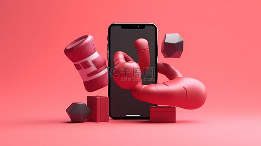 锻炼手机背景图片_带有智能手机自行车拳击手套和哑铃的健身应用程序的 3D 插图