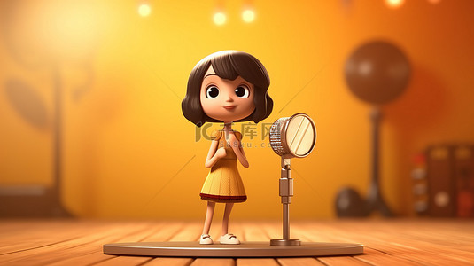 女歌手背景图片_前景为卡通女歌手的老式麦克风的 3D 渲染