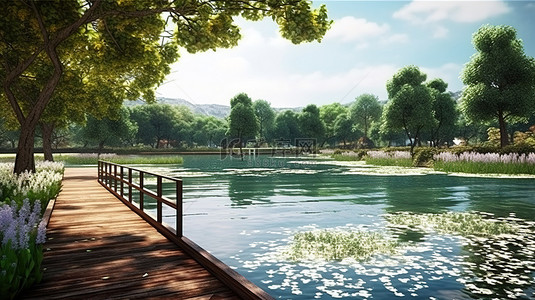 大自然植物背景图片_公园风景秀丽的湖景的 3d 渲染