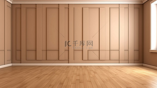 木地板客厅背景图片_木地板浅棕色墙壁房间的 3D 渲染，配有最少的家具