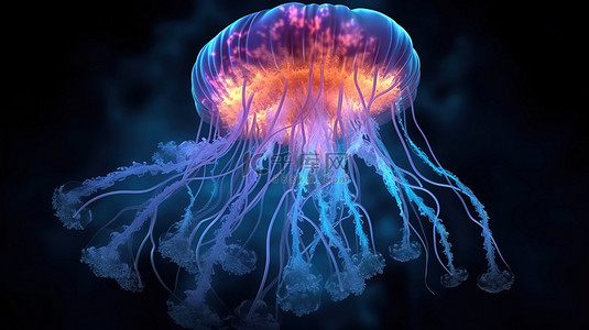 探索海洋背景图片_光芒四射的美杜莎探索蓝色海洋的深处霓虹灯水母幻想与长丝的刺细胞在令人惊叹的 3D 插图