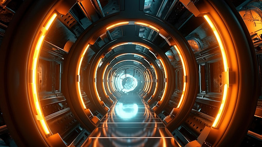 大科技数据背景图片_带有飞行船只的未来科幻隧道的 3d 渲染