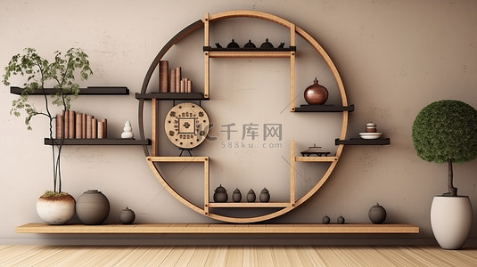 门地板背景图片_日本风格客厅中的圆形壁挂架，配有 3D 可视化的传统榻榻米地板